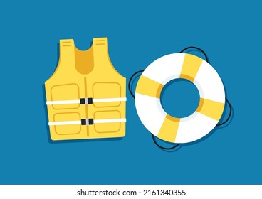 Lifebuoy and life Jacket cartoon vector. Vector flat style colored illustration of Lifebuoy and Life jacket on blue background. svg