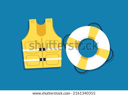 Lifebuoy and life Jacket cartoon vector. Vector flat style colored illustration of Lifebuoy and Life jacket on blue background.