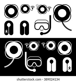 Lifebuoy, life jacket.
Safety Set symbols, objects for use in an aqueous environment.