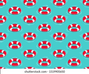 Lifebuoy or Life ring 3D isometric seamless pattern, Rescue equipment concept design illustration isolated on green background with copy space, vector eps 10