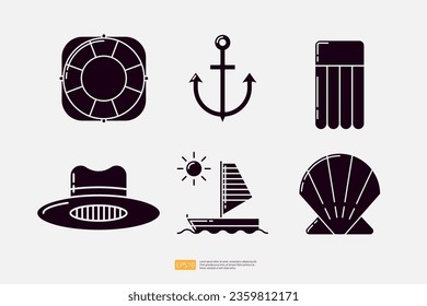 Lifebuoy Lifeguard, Anchor Symbol, Air Bed or Relax Inflatable Mattress, Man Hat, Sailboat Sailing Ship, Shellfish Animal Shell. Summer Vacation Solid Glyph Icon Vector Illustration set