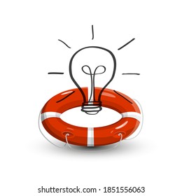 Lifebuoy with Lightbulb Isolated on White Background - Rescue Idea Concept