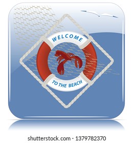 Lifebuoy, lobster, fishing net. Welcome to the beach. The concept of sports recreation. Isolated blue square icon.