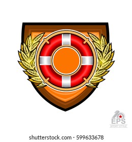 Lifebuoy in the middle of golden laurel wreath on the shield isolated on white. Sport logo for any yachting or sailing team or championship