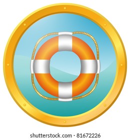 	Lifebuoy on a blue wavy background, surrounded by a porthole