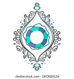 Lifebuoy on a boat, yacht, boat. Victorian era, beautiful frame. Blue and light blue. Isolated white background. For print and web.