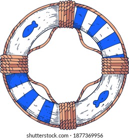 A lifebuoy painted in white and blue.
