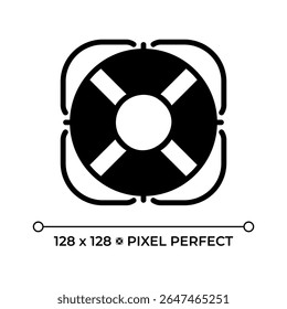 Lifebuoy pixel perfect glyph solid icon. Personal flotation device. Rescue ring saving people on water. Ship life saver. Black silhouette symbol on negative space. Vector isolated illustration