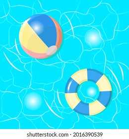 Lifebuoy and pool ball on shining water ripple. Bright colored lifebuoy and pool ball top view. Vector illustration.

