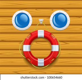 Lifebuoy and portholes are on the background boards