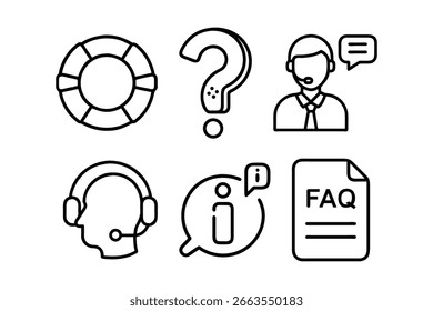 Lifebuoy, Question Mark, Customer Service Agent, Headset, Information Bubble, and FAQ Document Line Icons