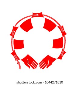 Lifebuoy, red, isolated, vector image. Hands of the rescuer. Rescue on the water. Metaphor for protection and support. Logo, a decorative element.