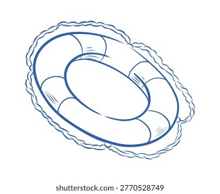 Lifebuoy ring with braided rope, hand drawn contour lines and subtle hatching. Symbol of safety, rescue, and protection at sea, conveying security and support. Cartoon vector illustration.