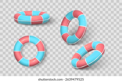 Lifebuoy Ring Set in Red and Blue Colors in 3D Realistic Style on Transparent Background. Summer, Beach, and Safety Concept Graphic Elements. Vector Illustration.