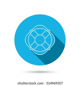 Lifebuoy with rope icon. Lifebelt sos sign. Lifesaver help equipment symbol. Blue flat circle button with shadow. Vector