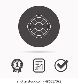 Lifebuoy with rope icon. Lifebelt sos sign. Lifesaver help equipment symbol. Report document, winner award and tick. Round circle button with icon. Vector