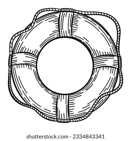 Lifebuoy with rope isolated sketch. Hand drawn life ring in engraving style. Vintage vector illustration