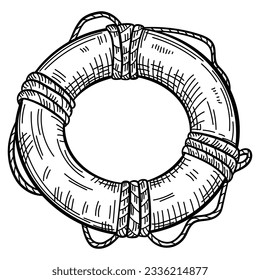 Lifebuoy with rope isolated sketch. Hand drawn life ring in engraving style. Vintage vector illustration