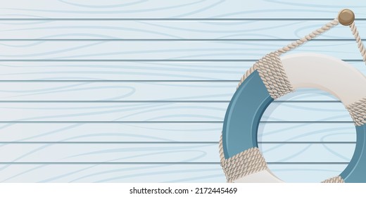 Lifebuoy with ropes on a blue wooden background. Vector illustration, marine, nautical style. Vacation concept at sea, beach, cruise. Water safety. For banner, poster, website, flyer