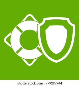 Lifebuoy and safety shield icon white isolated on green background. Vector illustration