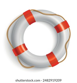 Lifebuoy safety swimming emergency assistance nautical help realistic vector illustration. Survival inflatable ring sea beach security support protection guard belt with rope and red strips top view