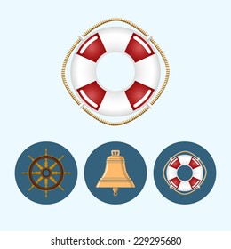 Lifebuoy. Set with 3 round colorful icons, bell, lifebuoy , ship wheel,  vector illustration