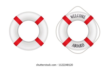 Lifebuoy set. Includes design with rope and Welcome lettering. Vector illustration isolated for all backgrounds.