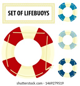 
Lifebuoy set with ropes. Protection on the water in the pool. Vector flat illustration of red and blue lifebuoys.