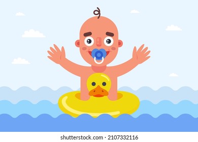 lifebuoy in the shape of a duck. child swims in the sea. flat vector illustration.