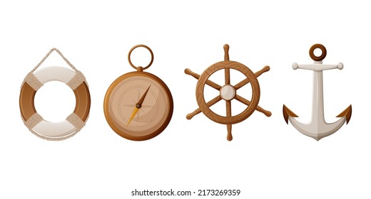 Lifebuoy, ship steering wheel, compass, anchor, sea elements set, vector illustration in nautical style. Concept of journey, water travel