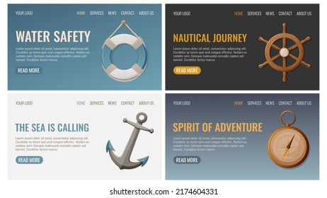 Lifebuoy, ship's steering wheel, compass, anchor, set of web templates, vector illustration in nautical marine style. For banner, website interface, advertising. Concept of journey, sea travel