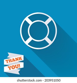 Lifebuoy sign icon. Life salvation symbol. White flat icon with long shadow. Paper ribbon label with Thank you text. Vector