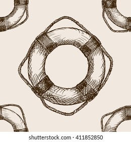 Lifebuoy Sketch Style Seamless Pattern Vector Illustration. Old Engraving Imitation. 