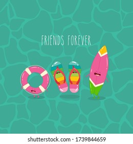 lifebuoy slippers surfboard friends forever. Vector illustration. Cute, funny image. Use for card, poster, banner, web design and print on t-shirt. Easy to edit. 