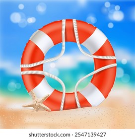 Lifebuoy and starfish on sand background. Summer on the beach, coast with realistic objects. Vector illustration.