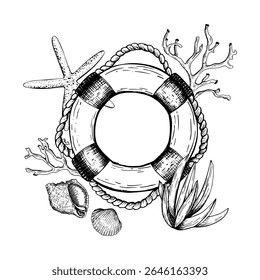 A lifebuoy surrounded by various marine elements including a starfish, seashells, corals, and sea plants. The composition reflects a nautical theme. Hand drawn vector illustration painted by black ink