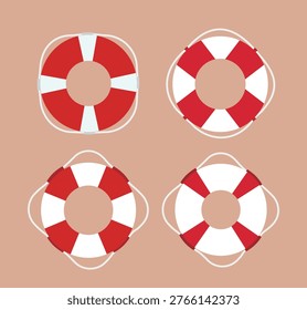 Lifebuoy Swimming Ring Flat Vector Illustration Set. 
Summer Beach Safety Rescue Float Summer Clipart. 