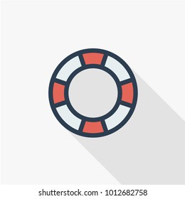 lifebuoy thin line flat color icon. Linear vector illustration. Pictogram isolated on white background. Colorful long shadow design.