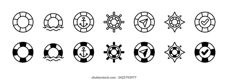 Lifebuoy dünne Linie Icon Set. Life Boyen Dünne Linie Symbol mit Lenkrad, Anker, Kompass, Welle und Wind Rose für Hilfe, Unterstützung, Service. Vektorgrafik