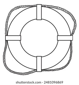 Rettungsring-Vektorillustration. Lineare Zeichnung von Round Life Preserver für Symbol oder Logo. Ätzen des Rings für die Sicherheit in einem Meer auf isoliertem Hintergrund. Nautische schwarze Linie Kunst mit Seil.