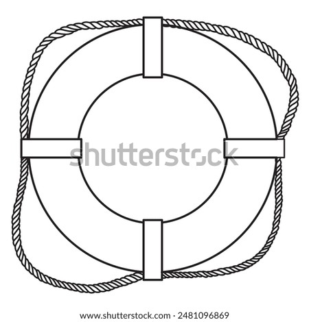 Lifebuoy Vector illustration. Linear Drawing of round life Preserver for icon or logo. Etching of Ring for safety in a sea on isolated background. Nautical black line art with rope.