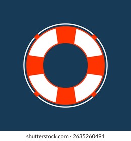 Lifebuoy vector – inflatable safety ring with rope for drowning rescue, isolated on dark blue