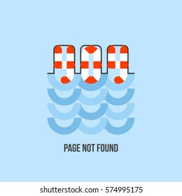 Lifebuoy in water looks like 404 error. Creative flat vector website page template reports that the page is not found