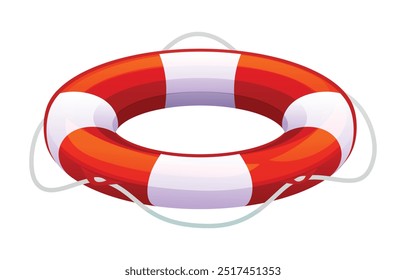 Lifebuoy with white accents and rope. Rescue ring vector cartoon illustration