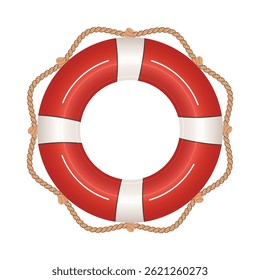 Lifebuoy in white and red details with a rope.