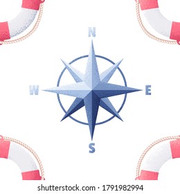 Lifebuoy and  wind rose vintage seamless pattern. Retro vector marine endless background