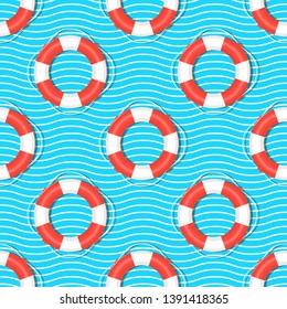 Lifebuoys. Abstract striped lines background. Maritime theme. Seamless vector illustration