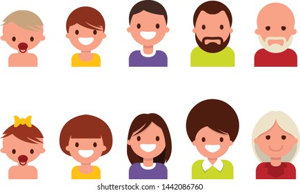 Lifecycle from birth to old age, ageing. People of different ages, from childhood to old age, icon set