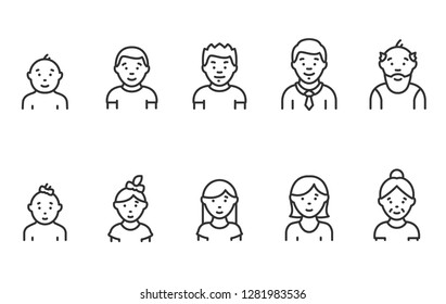 Lifecycle from birth to old age, icon set. People of different ages, male and female, linear icons. Childhood to old age. Line with editable stroke