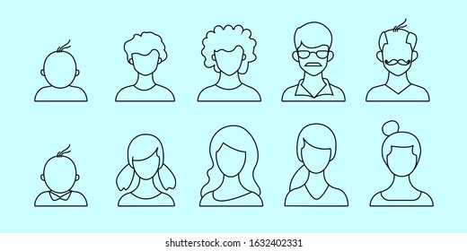 Lifecycle from birth to old age, People of different ages, male and female, Line with editable stroke. Childhood to old age.